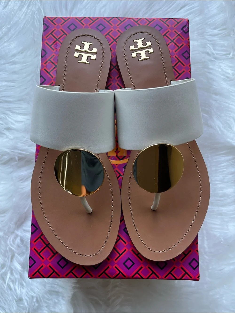 🆕 Tory Burch Patos Disc Sandals- Calf Leather Ivory/Gold Size 8.5 Dustbag